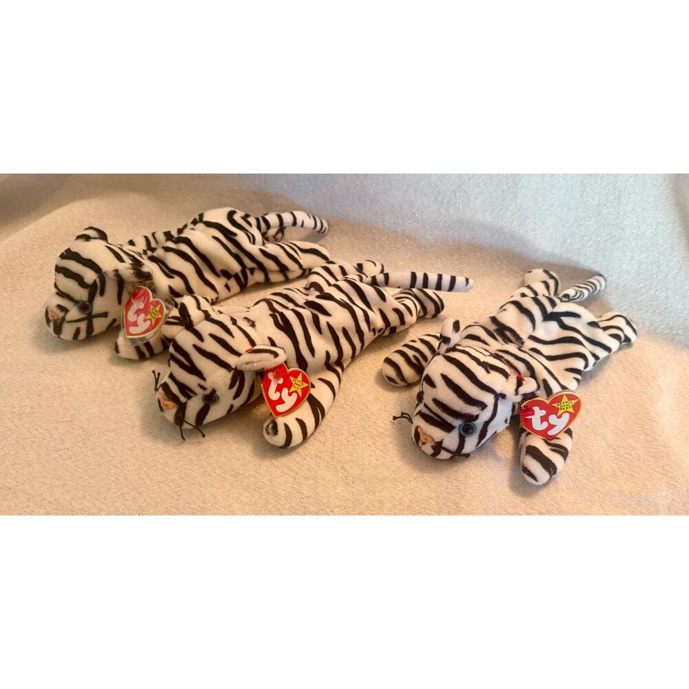 Lot of 3 Ty Beanie Babies Blizzard White Tiger Plush 1996 Vintage Retired